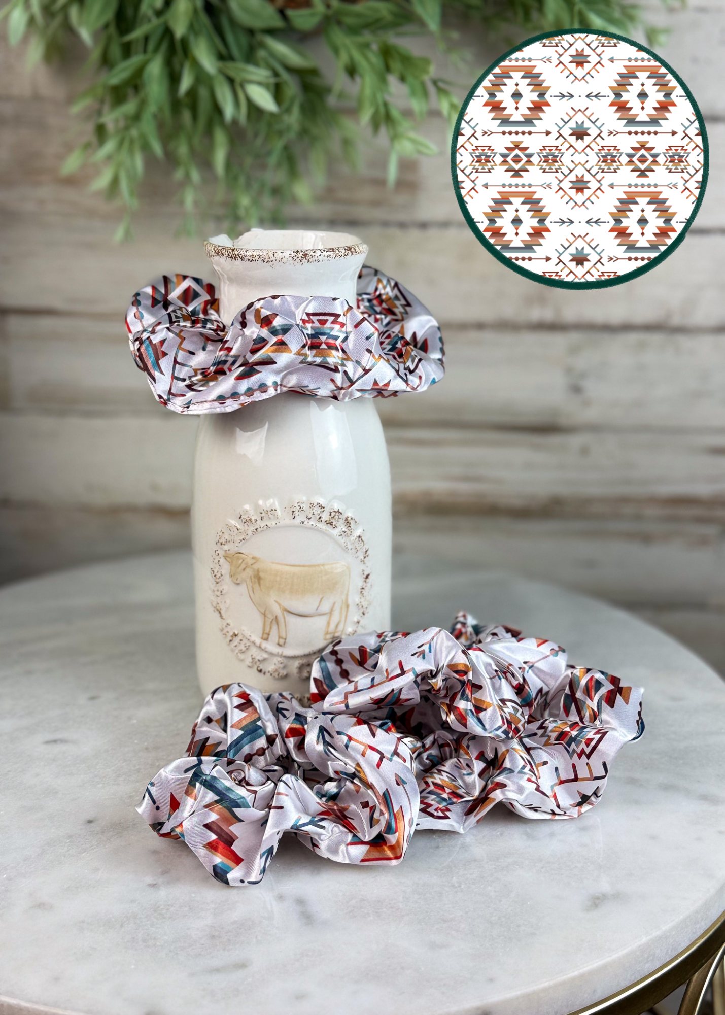 White Aztec Silky Scrunchie